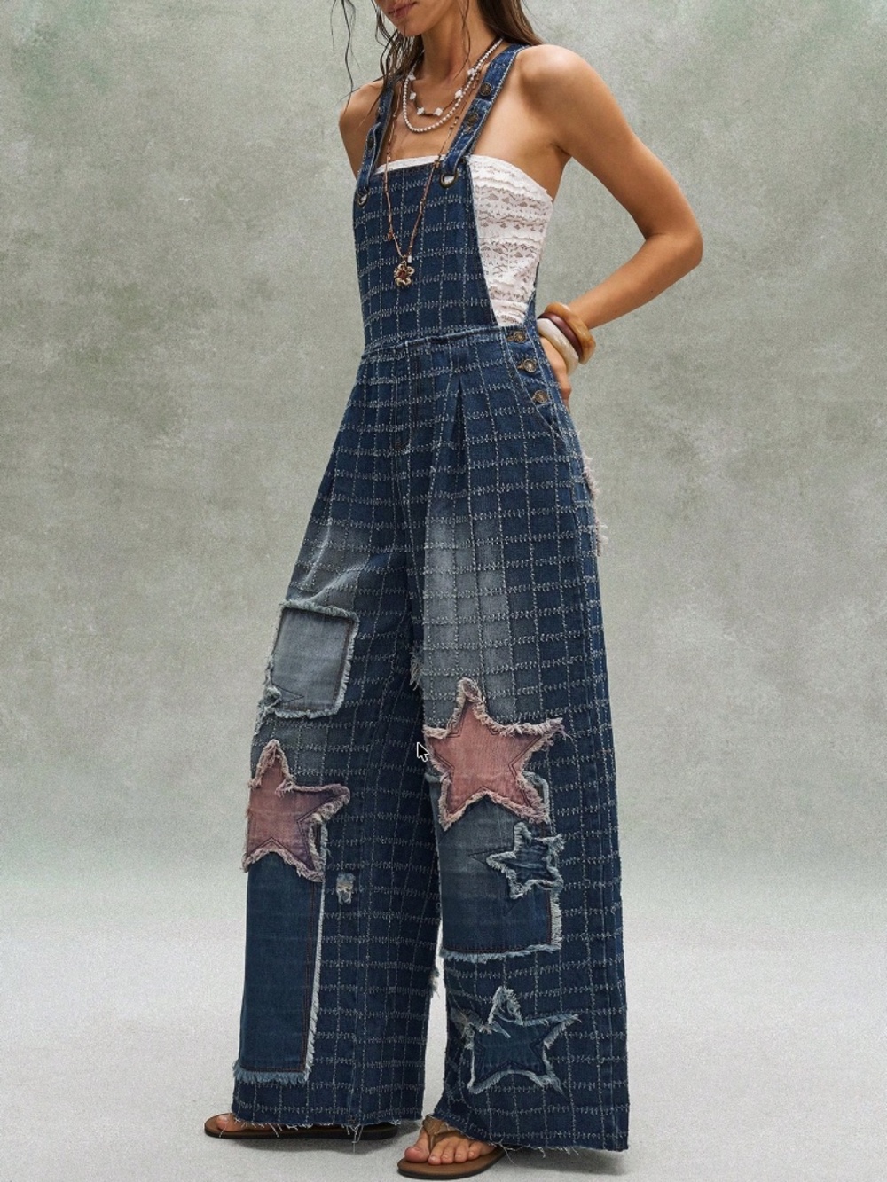 Western Dark Wash Star Wide Leg Bibs Overalls - Picture 3 of 7